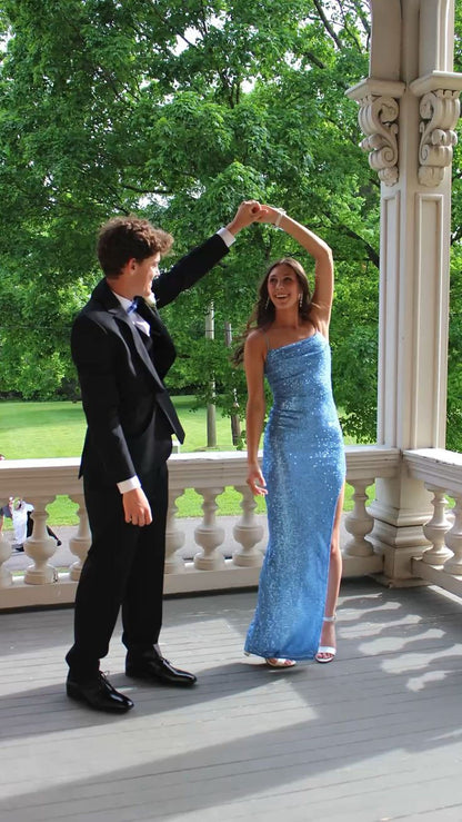 Sparkling Straps Blue Mermaid Prom Dress with Slits Bridesmaid Dress TP2694
