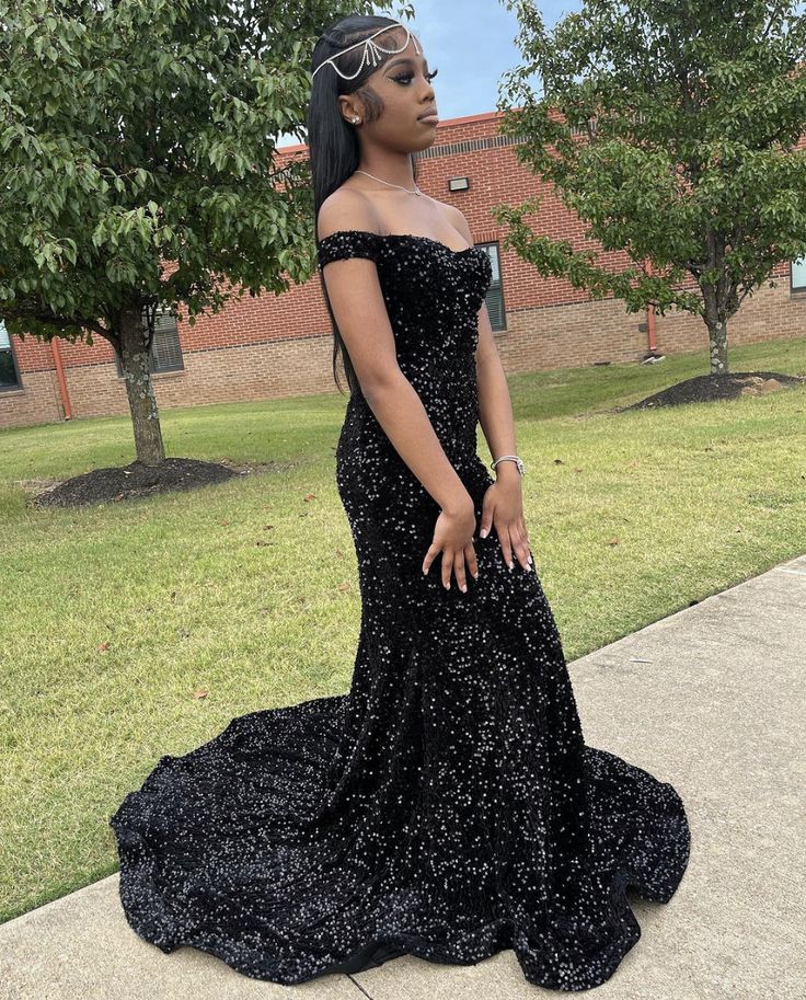 Sexy Black Sequin Off Shoulder Mermaid With Train Prom Dress Evening Dress TP2697