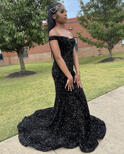 Sexy Black Sequin Off Shoulder Mermaid With Train Prom Dress Evening Dress TP2697
