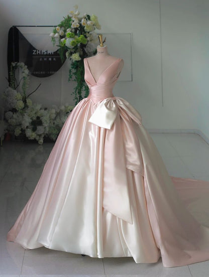 Gradient pink V-neck satin bow-tie A-line prom dress evening dress TP2704
