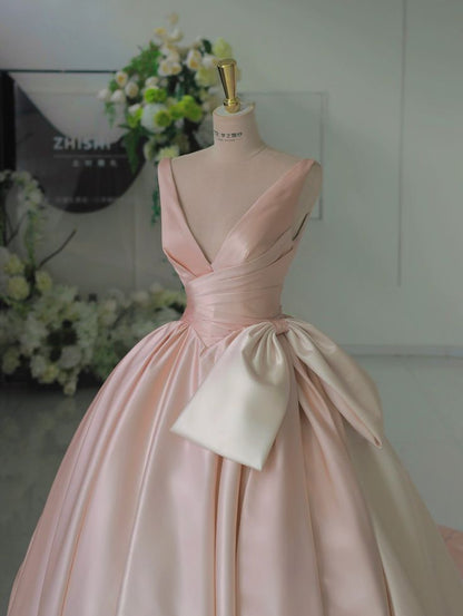 Gradient pink V-neck satin bow-tie A-line prom dress evening dress TP2704