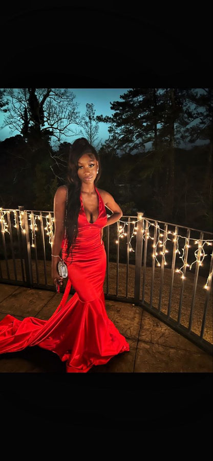 Sexy low-cut wine red halter neck mermaid bow train prom dress evening dress TP2710