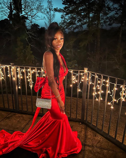 Sexy low-cut wine red halter neck mermaid bow train prom dress evening dress TP2710