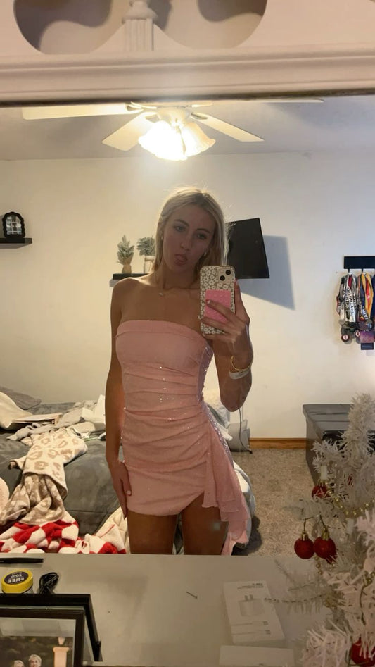 Shiny Pink Off Shoulder Bodycon Short Birthday Party Dress Homecoming Dress TP2714