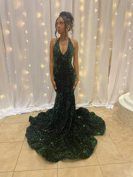 Gorgeous Green Halter Off Shoulder Mermaid Floor-length Prom Dress Evening Dress TP2715