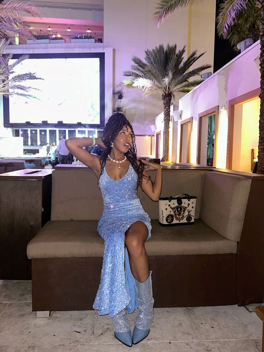 Shiny Blue V Neck Sleeveless Slit Sequined Long Prom Dress Evening Dress TP2720