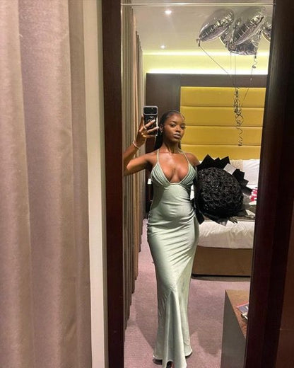 Sexy Green Satin Low Cut Halter Neck Mermaid Prom Dress Evening Dress TP2724
