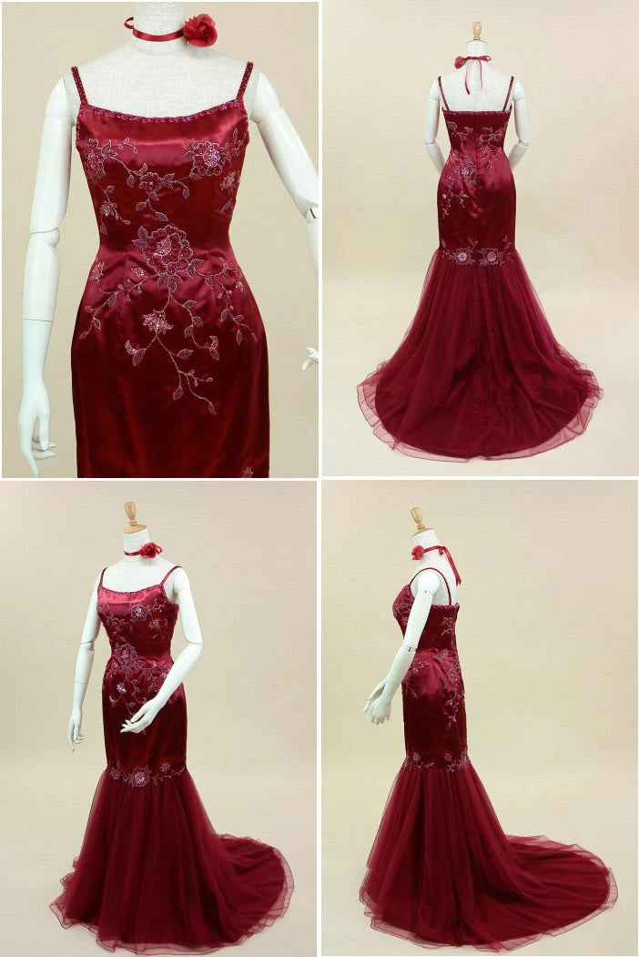 Vintage Burgundy Strap Satin Beaded Tulle Long Prom Dress Evening Dress TP2736