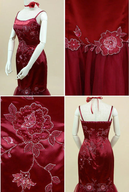 Vintage Burgundy Strap Satin Beaded Tulle Long Prom Dress Evening Dress TP2736