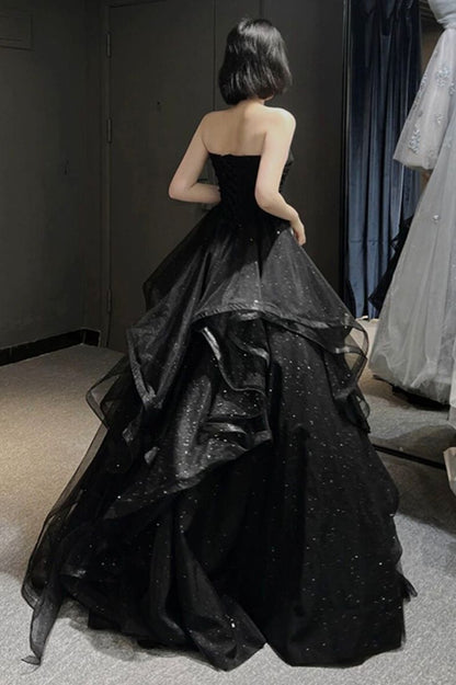 Elegant Black Off Shoulder A-Line Tulle Long Formal Prom Dress Evening Gown TP2738