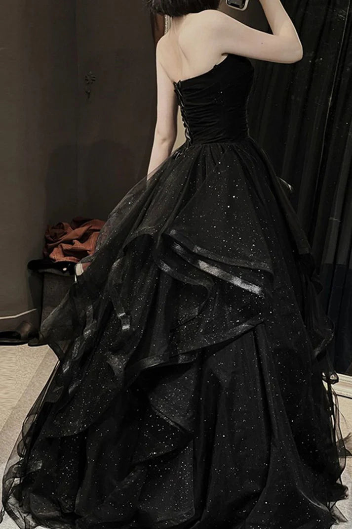 Elegant Black Off Shoulder A-Line Tulle Long Formal Prom Dress Evening Gown TP2738