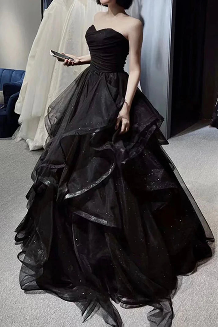 Elegant Black Off Shoulder A-Line Tulle Long Formal Prom Dress Evening Gown TP2738