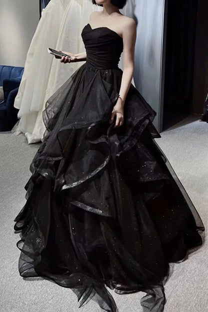Elegant Black Off Shoulder A-Line Tulle Long Formal Prom Dress Evening Gown TP2738