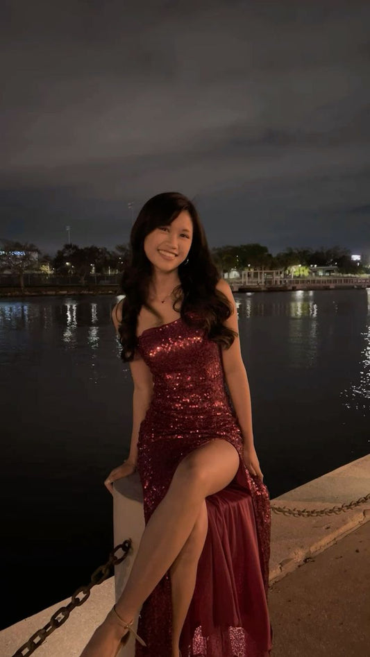 Sexy Burgundy Strapless Sequined High Slit Long Prom Dress Evening Dress TP2740