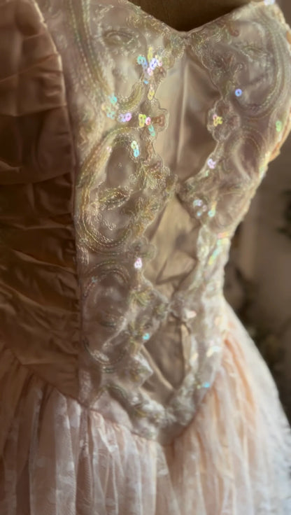 Vintage Pink Strapless Sequined Lace Trim Sweetheart Neck A-Line Prom Dress Evening Dress TP2741