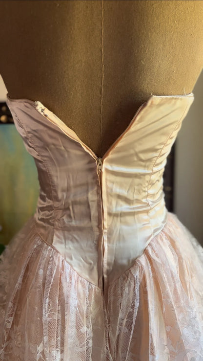Vintage Pink Strapless Sequined Lace Trim Sweetheart Neck A-Line Prom Dress Evening Dress TP2741