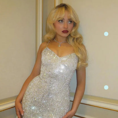 Shiny Silver Strapless V-Neck Sequin Knee-Length Prom Dress Evening Dress TP2749