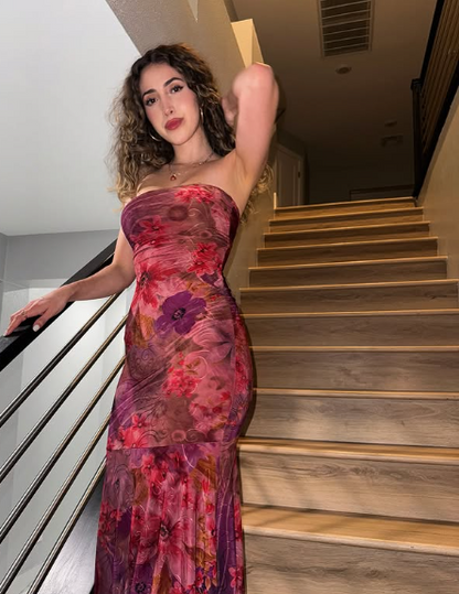 Sexy Strapless Printed Tube Top Bodycon Mermaid Long Prom Dress Evening Dress TP2750