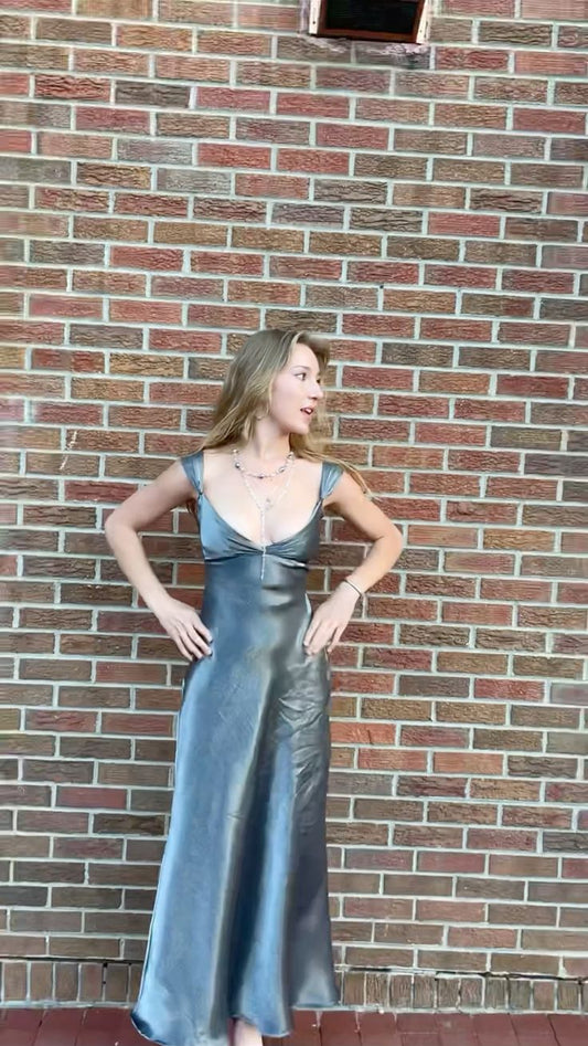 Special silver-gray shoulder strap satin backless no-collision prom dress evening dress TP2751