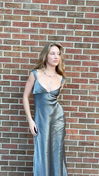 Elegant Silver-grey V-neck Sheath Satin Long Party Dress Evening Dress Prom Dress TP2751