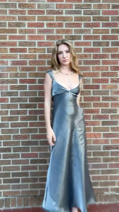 Elegant Silver-grey V-neck Sheath Satin Long Party Dress Evening Dress Prom Dress TP2751