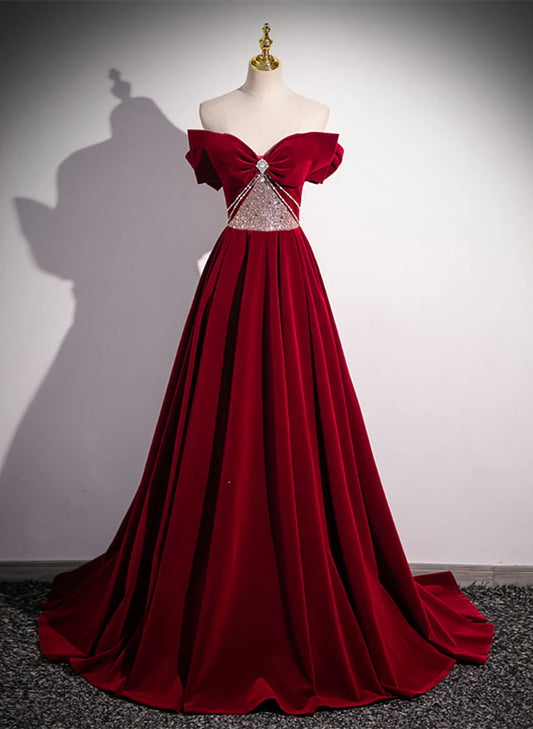 Elegant Burgundy Off-the-shoulder Sequin Beaded A-line Prom Dress Evening Dress TP2756