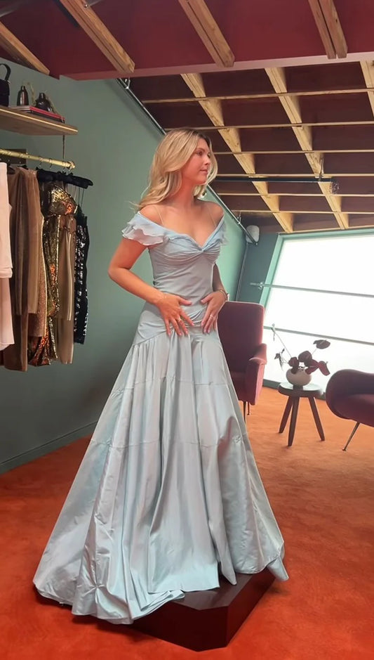 Elegant Blue Off Shoulder A-Line Long Prom Dress Evening Dress TP2758