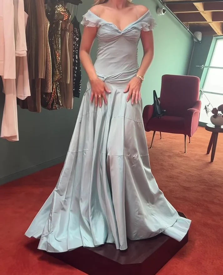 Elegant Blue Off Shoulder A-Line Long Prom Dress Evening Dress TP2758