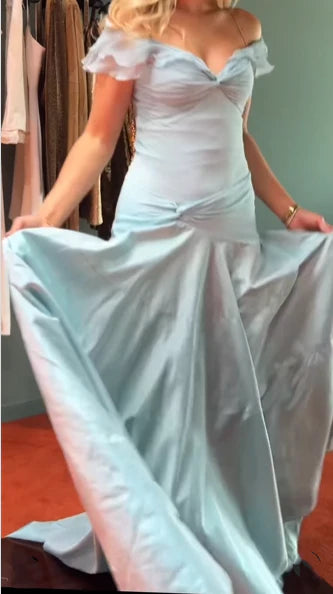 Elegant Blue Off Shoulder A-Line Long Prom Dress Evening Dress TP2758