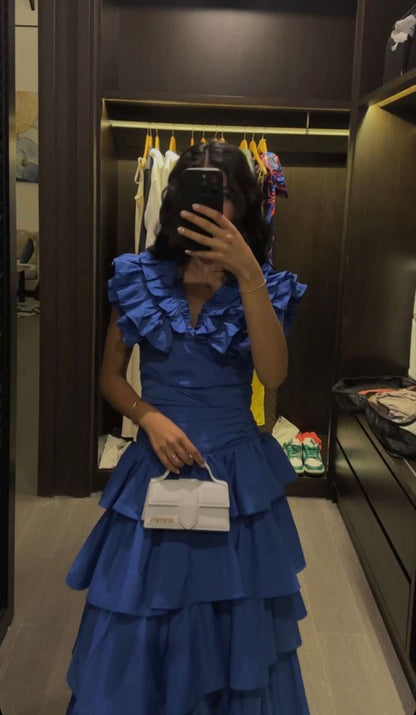Sapphire Blue V-neck Sleeveless Ruffled Layered A-line Prom Dress Evening Dress TP2759