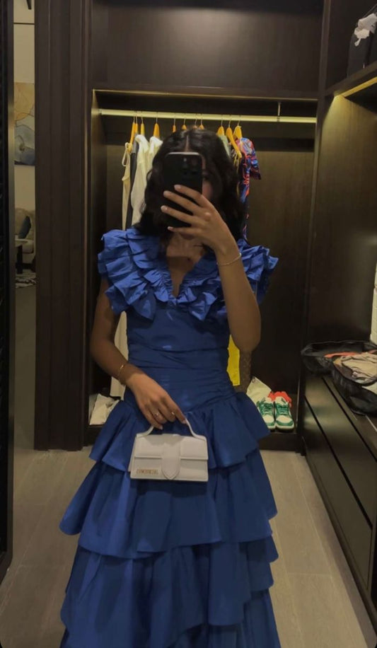 Sapphire Blue V-neck Sleeveless Ruffled Layered A-line Prom Dress Evening Dress TP2759