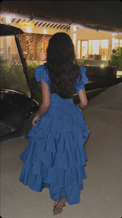 Sapphire Blue V-neck Sleeveless Ruffled Layered A-line Prom Dress Evening Dress TP2759
