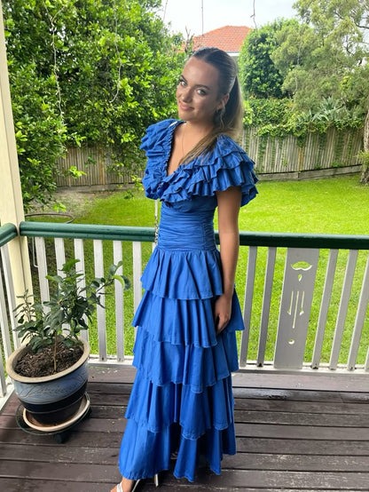 Sapphire Blue V-neck Sleeveless Ruffled Layered A-line Prom Dress Evening Dress TP2759