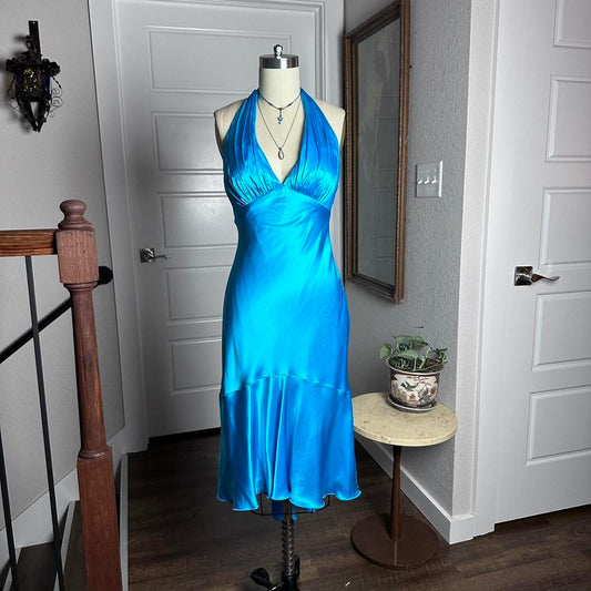 Vintage Blue V-neck Halter Satin Backless Mermaid Tea Length Prom Dress Evening Dress TP2761