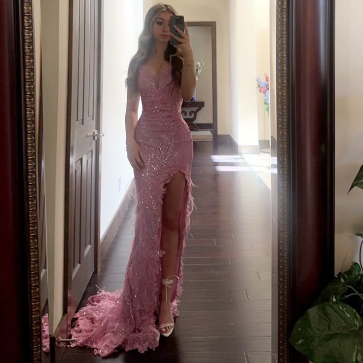 Pretty pink shoulder strap V-neck high slit sequined mermaid floor-length prom dress evening dress TP2763