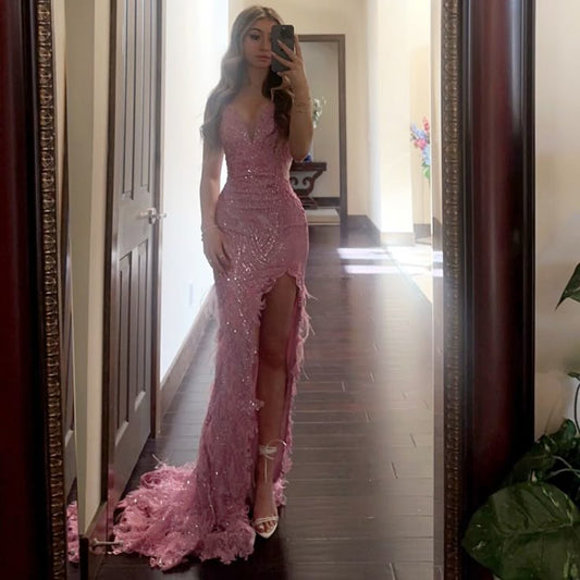 Pretty pink shoulder strap V-neck high slit sequined mermaid floor-length prom dress evening dress TP2763