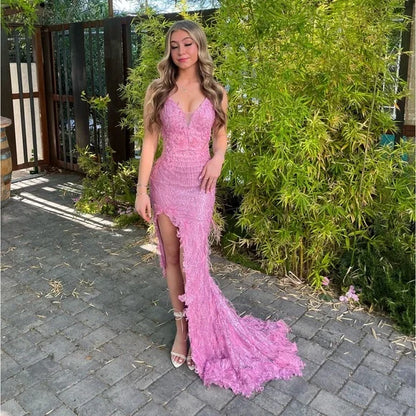 Pretty pink shoulder strap V-neck high slit sequined mermaid floor-length prom dress evening dress TP2763