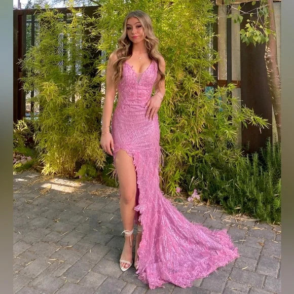 Pretty pink shoulder strap V-neck high slit sequined mermaid floor-length prom dress evening dress TP2763