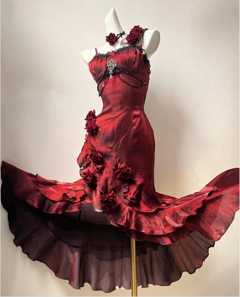 Beautiful wine red sling 3D rose chiffon ruffled prom dress evening dress TP2764