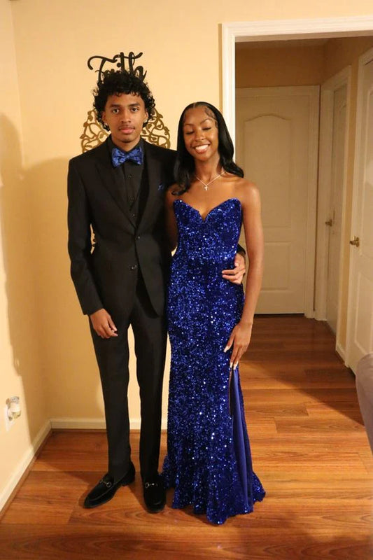 Shiny Sapphire Blue Sweetheart Neck Strapless Sequin Slit Prom Dress Evening Dress TP2768