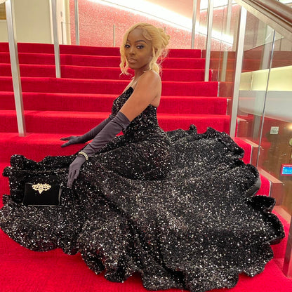 Shiny Black Off Shoulder Sleeveless Sequin Mermaid Floor-Mounting Prom Dress Evening Dress Without Gloves TP2769