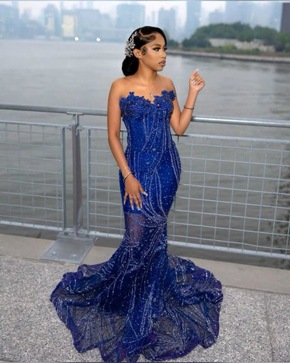Gorgeous Sapphire Blue Sweetheart Neck Sleeveless Mermaid Floor-length Prom Dress Evening Dress TP2771