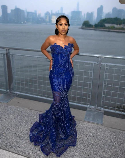 Gorgeous Sapphire Blue Sweetheart Neck Sleeveless Mermaid Floor-length Prom Dress Evening Dress TP2771