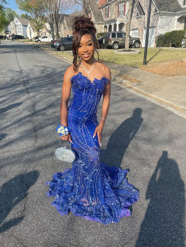 Gorgeous Sapphire Blue Sweetheart Neck Sleeveless Mermaid Floor-length Prom Dress Evening Dress TP2771