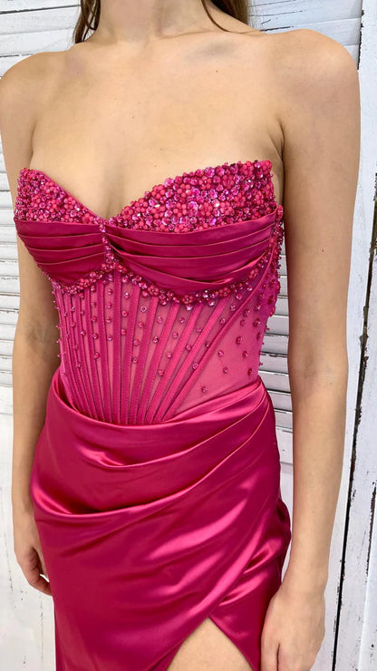 Beautiful Hot Pink Strapless Sweetheart Neck Slit Satin Floor Length Prom Dress Evening Gown TP2773