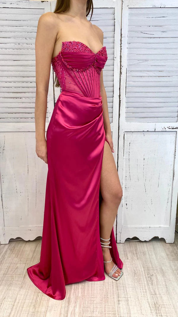 Beautiful Hot Pink Strapless Sweetheart Neck Slit Satin Floor Length Prom Dress Evening Gown TP2773