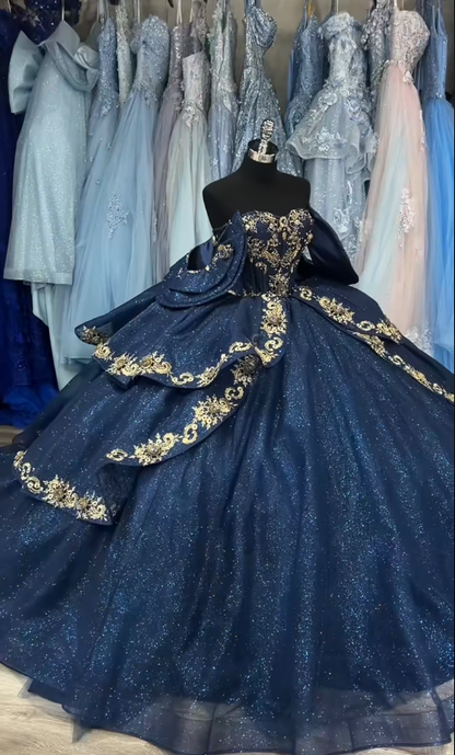 Gorgeous Navy Blue Princess Dress Off Shoulder A Line Embroidered Trailing Prom Dress Evening Gown TP2775