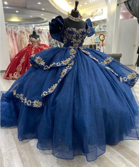 Gorgeous Navy Blue Princess Dress Off Shoulder A Line Embroidered Trailing Prom Dress Evening Gown TP2775