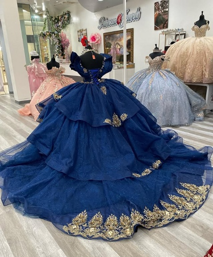 Gorgeous Navy Blue Princess Dress Off Shoulder A Line Embroidered Trailing Prom Dress Evening Gown TP2775