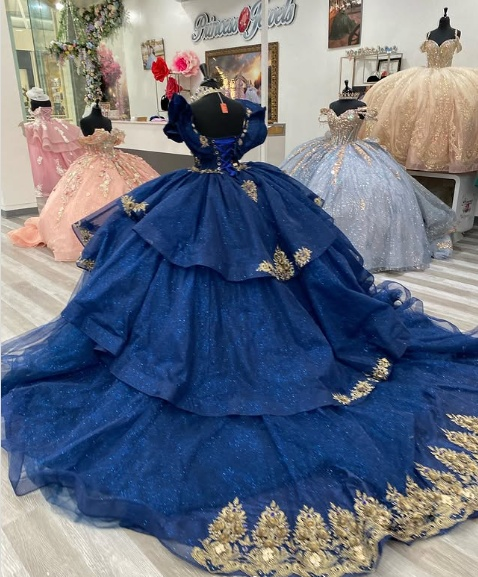 Gorgeous Navy Blue Princess Dress Off Shoulder A Line Embroidered Trailing Prom Dress Evening Gown TP2775